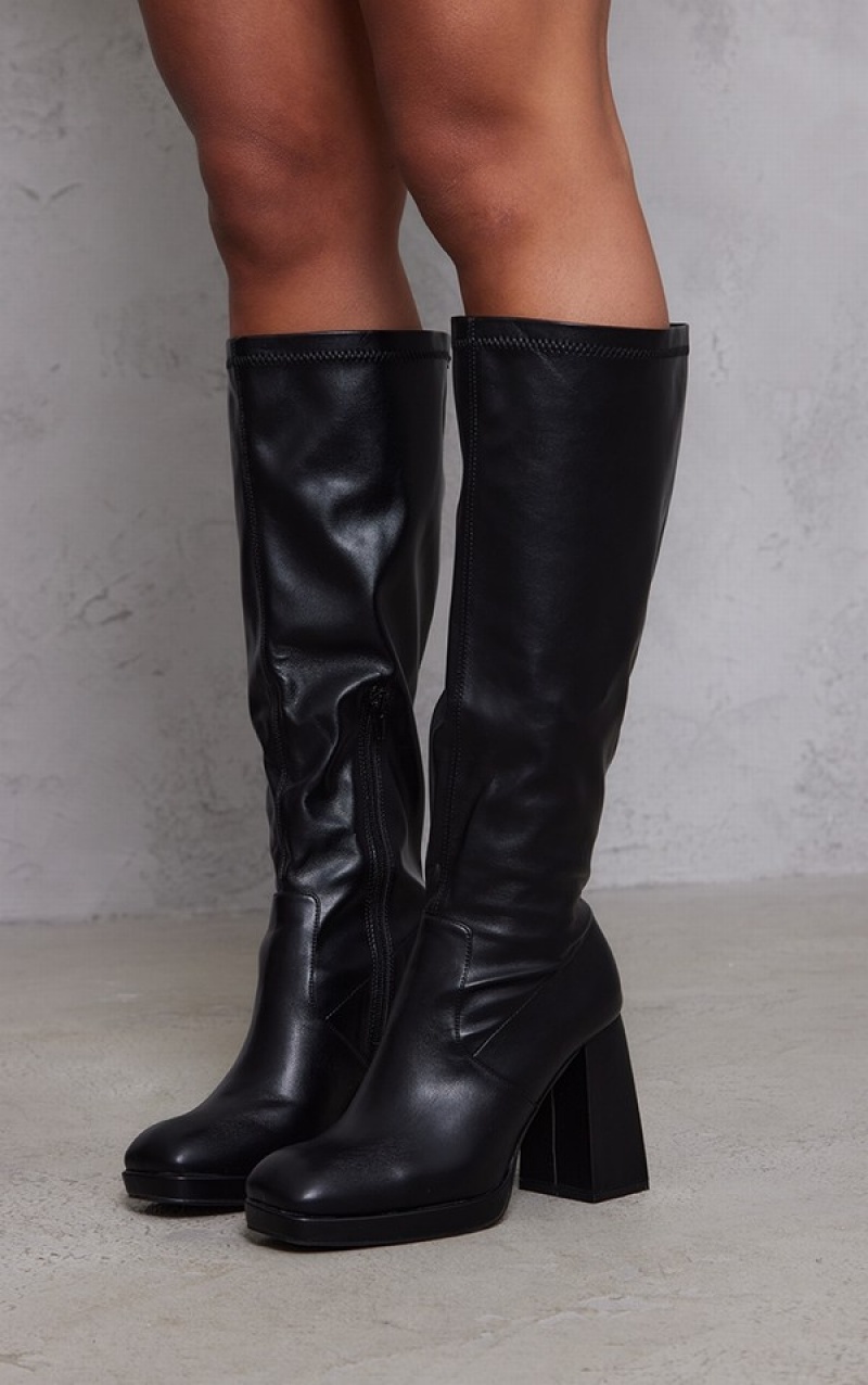 Cizme Pretty Little Thing Largi Fit SPlatform High Blocked Knee Negrii | RWTH03297