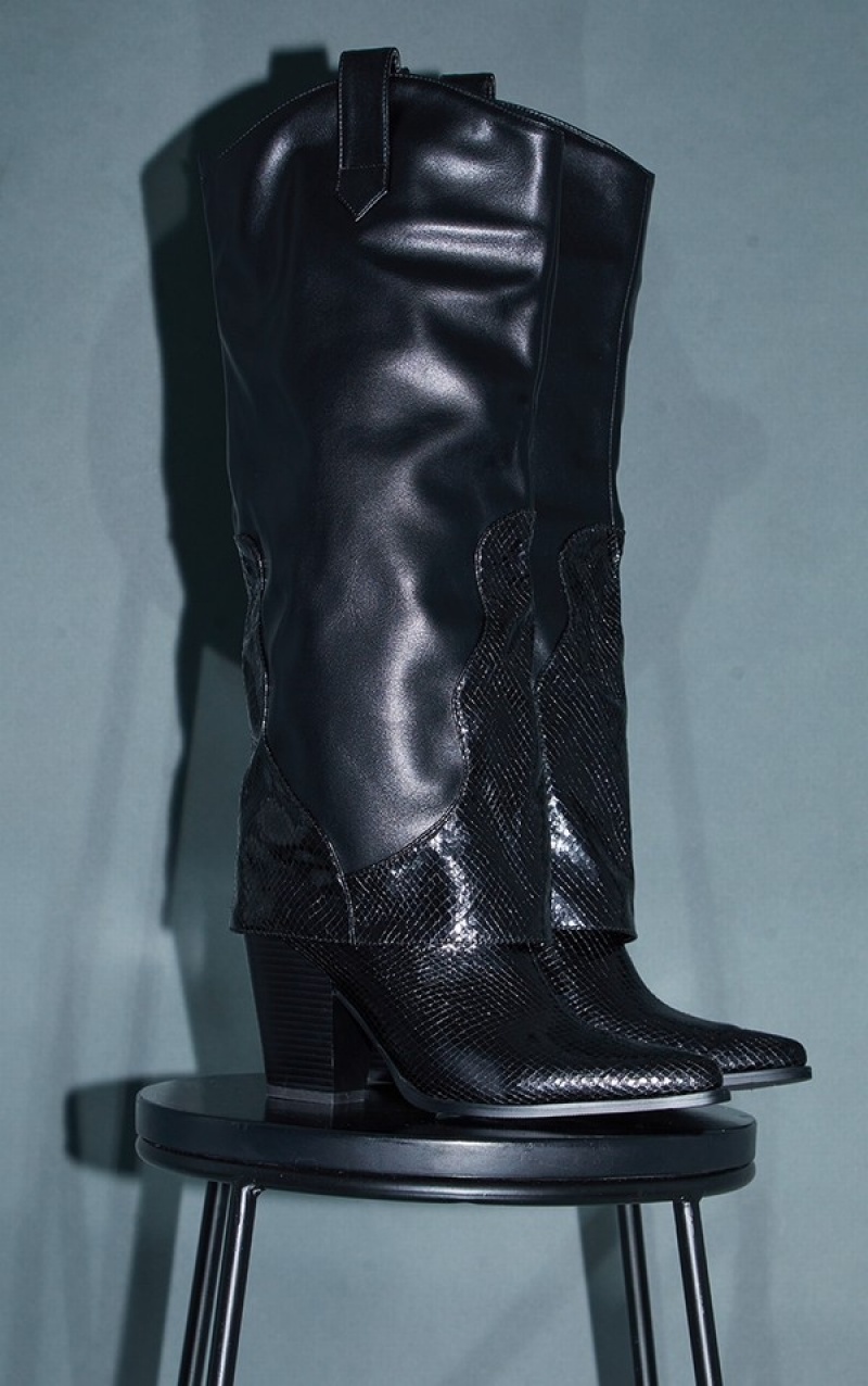 Cizme Pretty Little Thing Matte PU Snake Western Fold Knee Negrii | KDMF65208