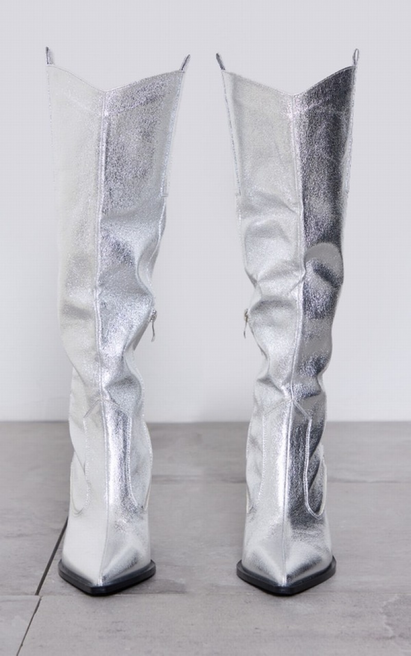 Cizme Pretty Little Thing Metallic Western Pointed Wedgeed Knee Argintii | OVYT80597