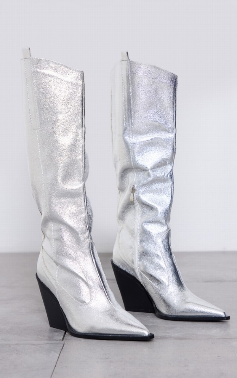 Cizme Pretty Little Thing Metallic Western Pointed Wedgeed Knee Argintii | OVYT80597