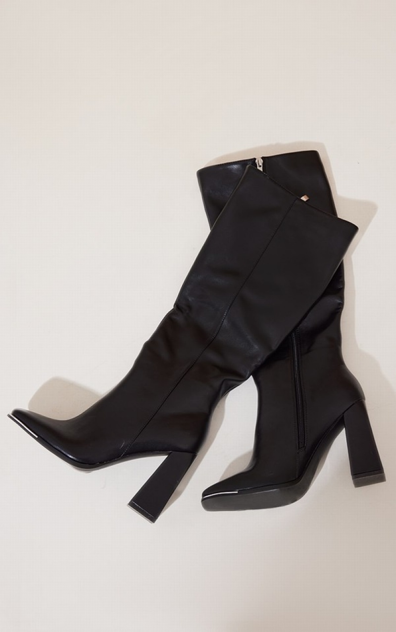 Cizme Pretty Little Thing PU Bombeu Flareed Knee Negrii | TOLD39821