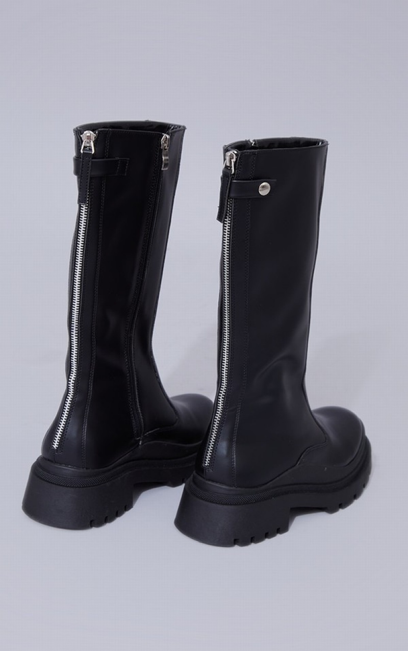 Cizme Pretty Little Thing PU Calf High Zip Back Grosolan Negrii | YHSA98530