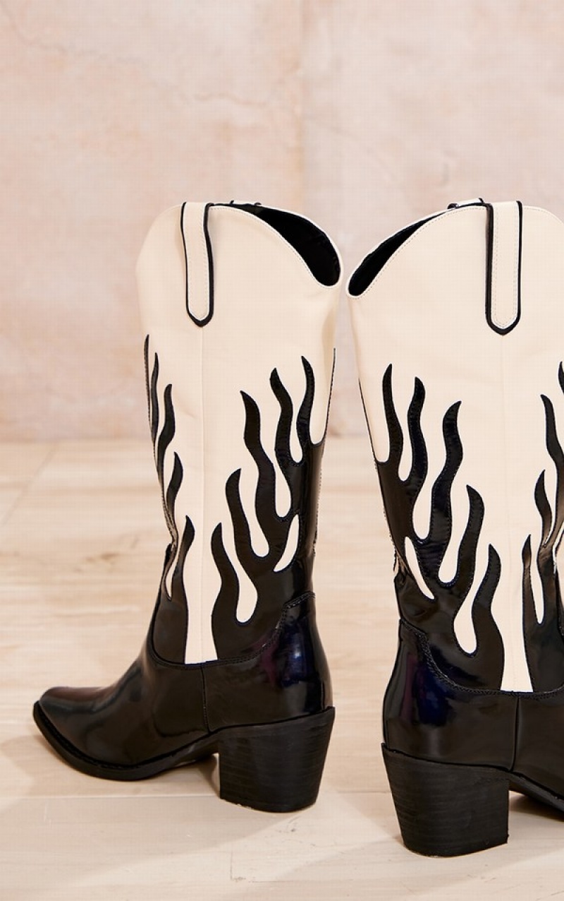 Cizme Pretty Little Thing PU Contrast Flame Western Knee High Negrii | PDMY14206
