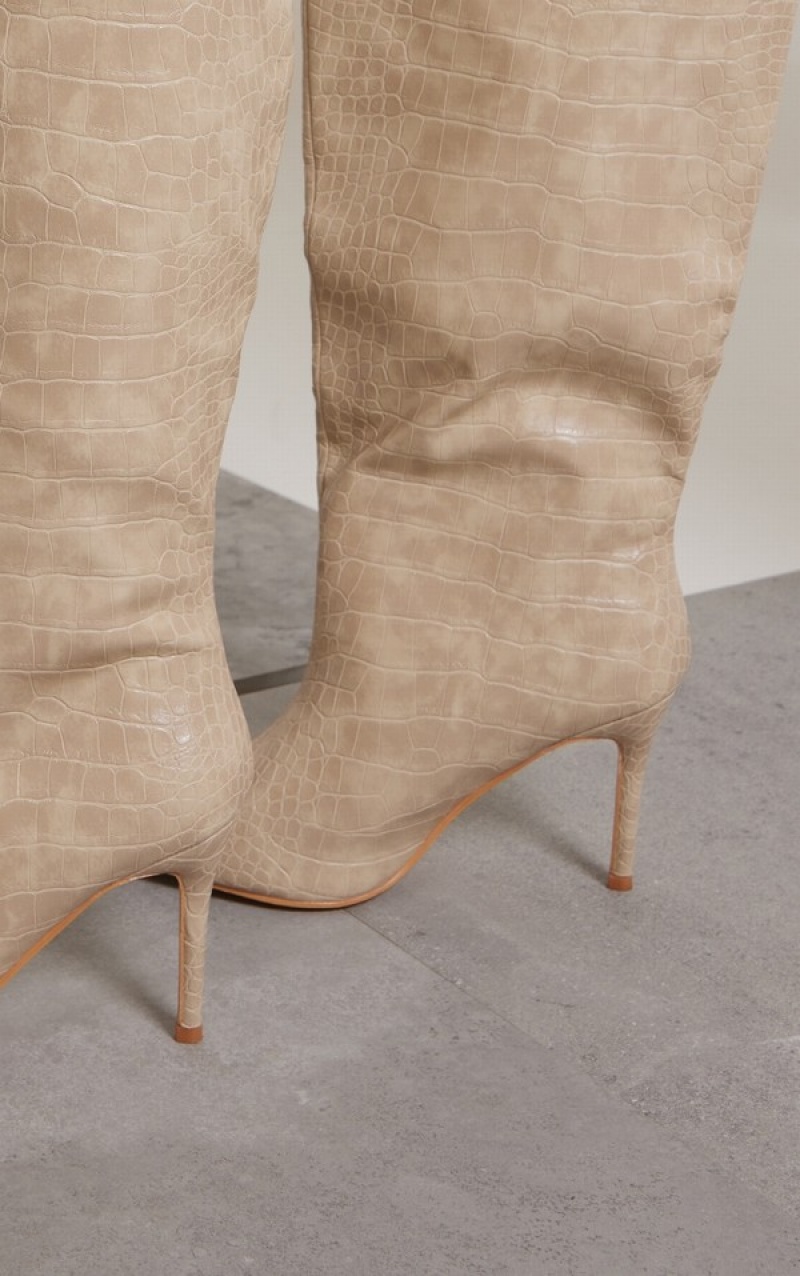 Cizme Pretty Little Thing PU Croc Detail Point Bombeu Stilettoed Knee Albi | AJQX25137