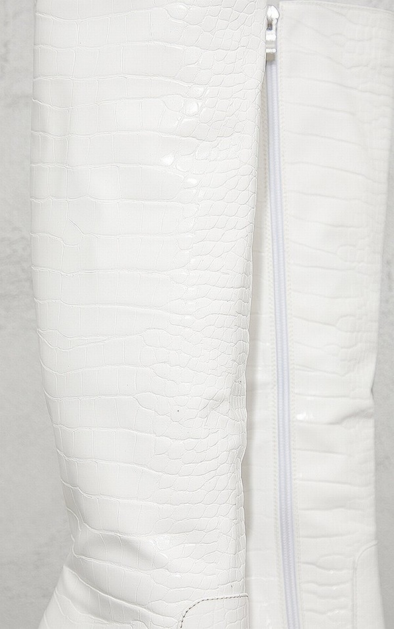 Cizme Pretty Little Thing PU Croc Point Bombeu Flare Highed Knee Albi | BOAC89530