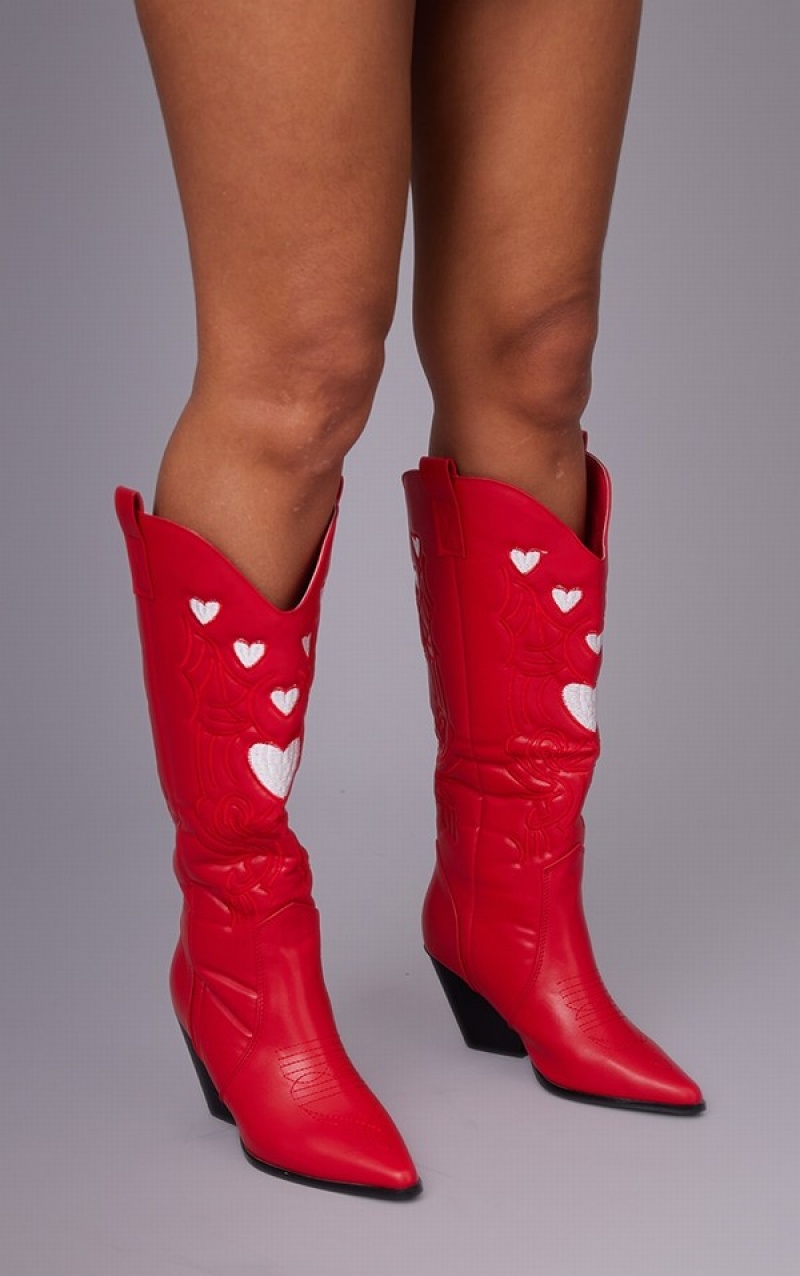 Cizme Pretty Little Thing PU Heart Detail Point Bombeu Knee High Western Rosii | PRWA58371