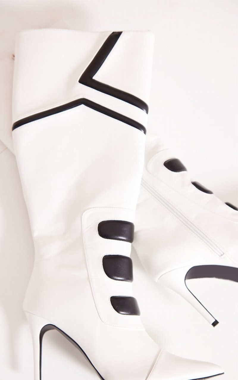 Cizme Pretty Little Thing PU Point Bombeu Motor Cross Contrast Highed Knee Albi | TDEQ54289