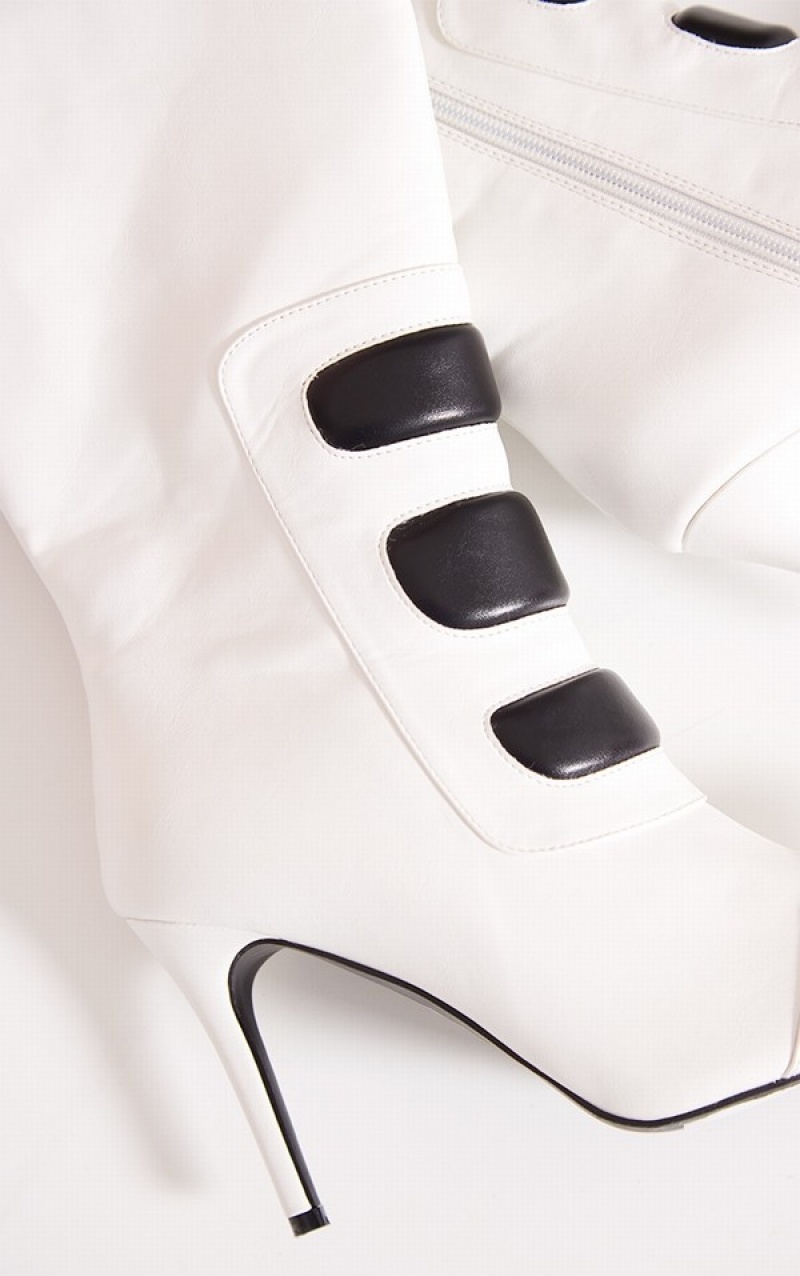 Cizme Pretty Little Thing PU Point Bombeu Motor Cross Contrast Highed Knee Albi | TDEQ54289