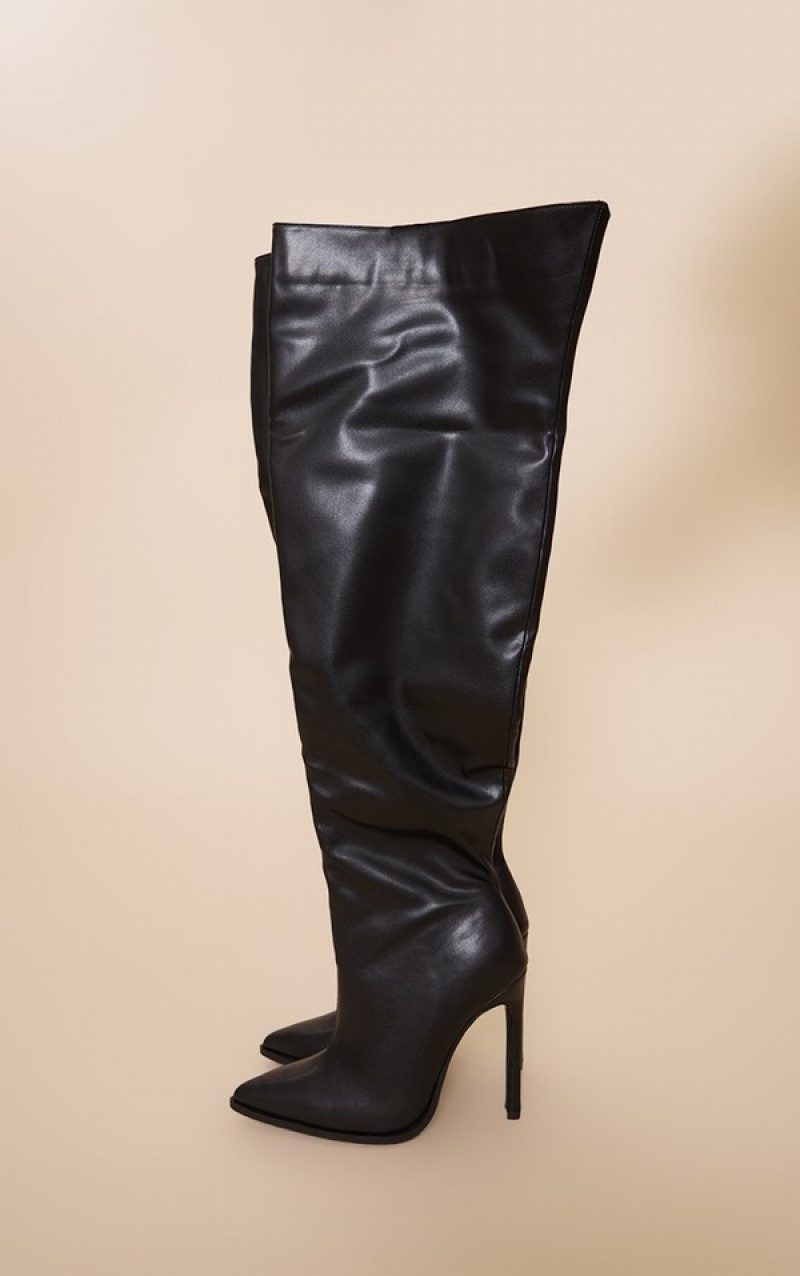 Cizme Pretty Little Thing PU Point Bombeu Edge Over The Knee Stilettoed Negrii | BXZC19682