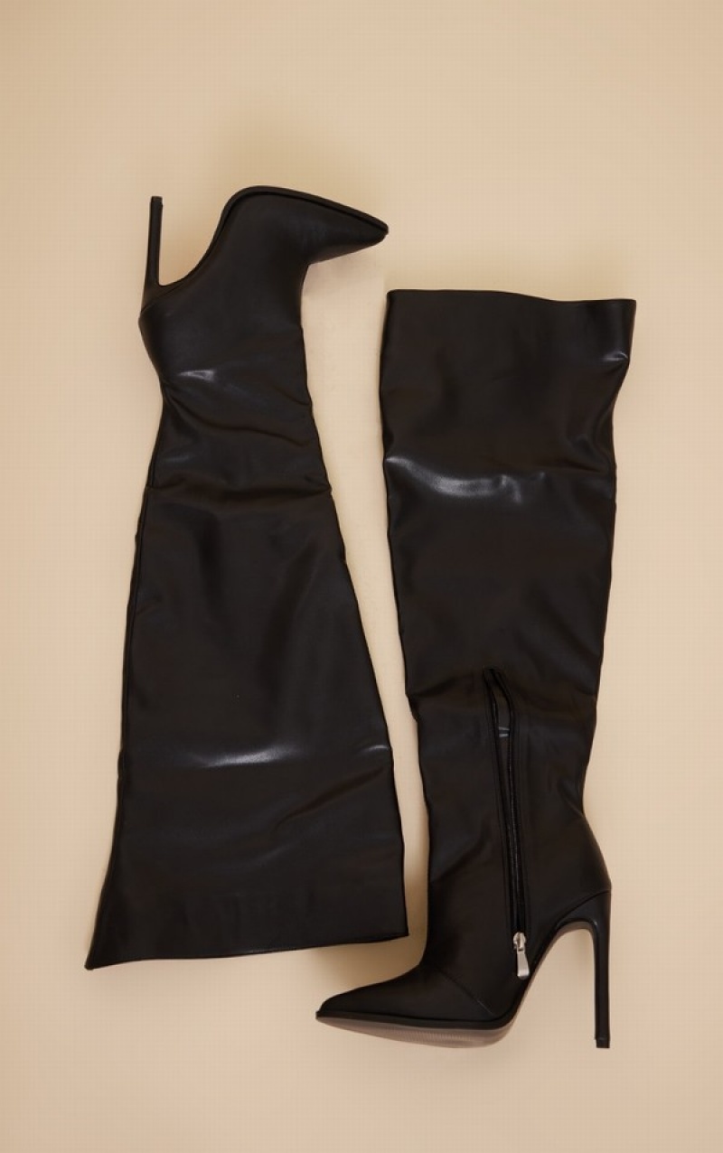 Cizme Pretty Little Thing PU Point Bombeu Edge Over The Knee Stilettoed Negrii | BXZC19682