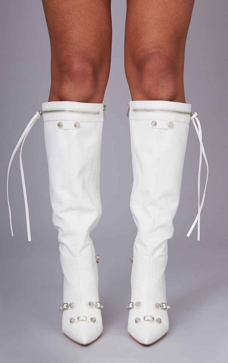 Cizme Pretty Little Thing PU Zip Detail Point Bombeu Mided Knee Albi | KCPG98251