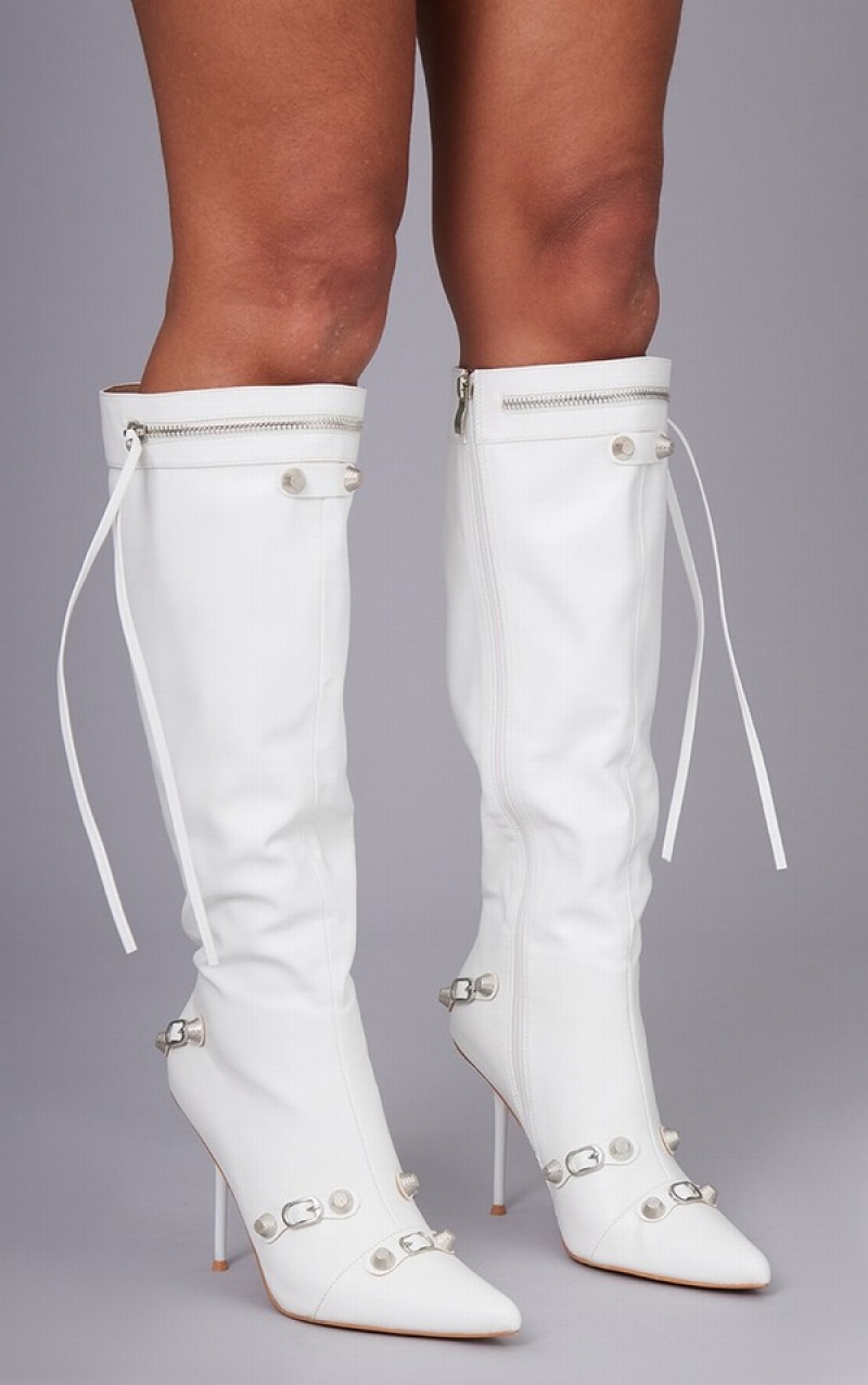 Cizme Pretty Little Thing PU Zip Detail Point Bombeu Mided Knee Albi | KCPG98251