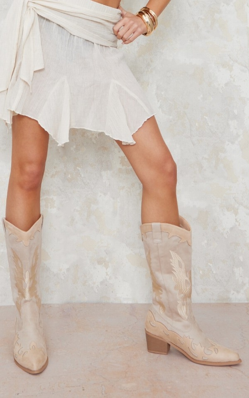 Cizme Pretty Little Thing Piele Intoarsa EmbroideDetail Largi Fit Western Calf Bej | LWDX06275