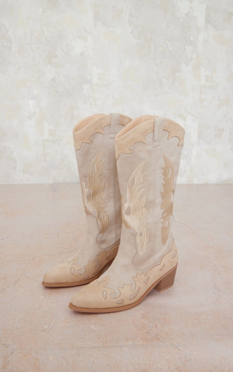 Cizme Pretty Little Thing Piele Intoarsa EmbroideDetail Largi Fit Western Calf Bej | LWDX06275