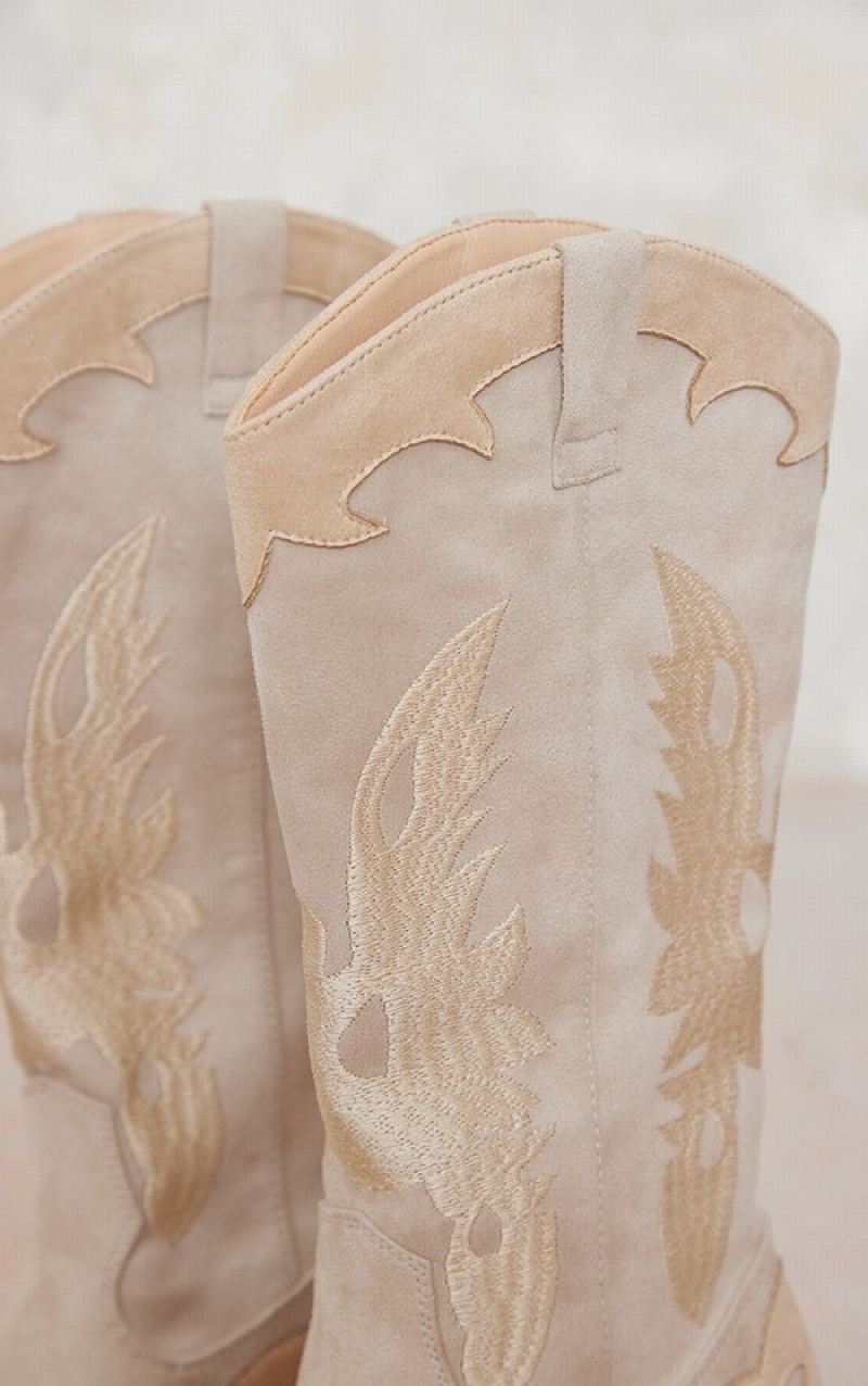 Cizme Pretty Little Thing Piele Intoarsa EmbroideDetail Largi Fit Western Calf Bej | LWDX06275