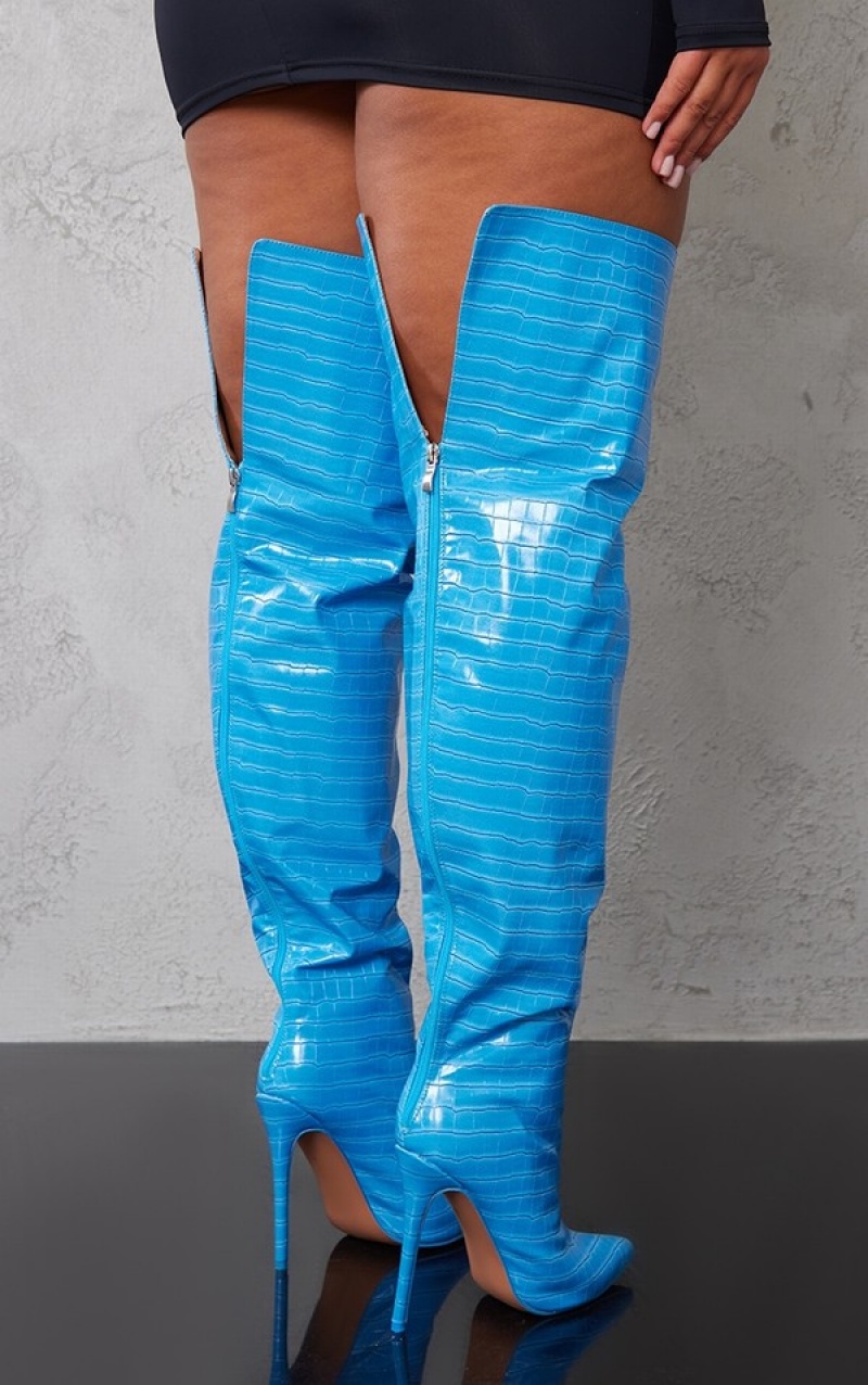 Cizme Pretty Little Thing Pu Croc Point Bombeu Thick Thigh Highed Albastri | JSPF76840