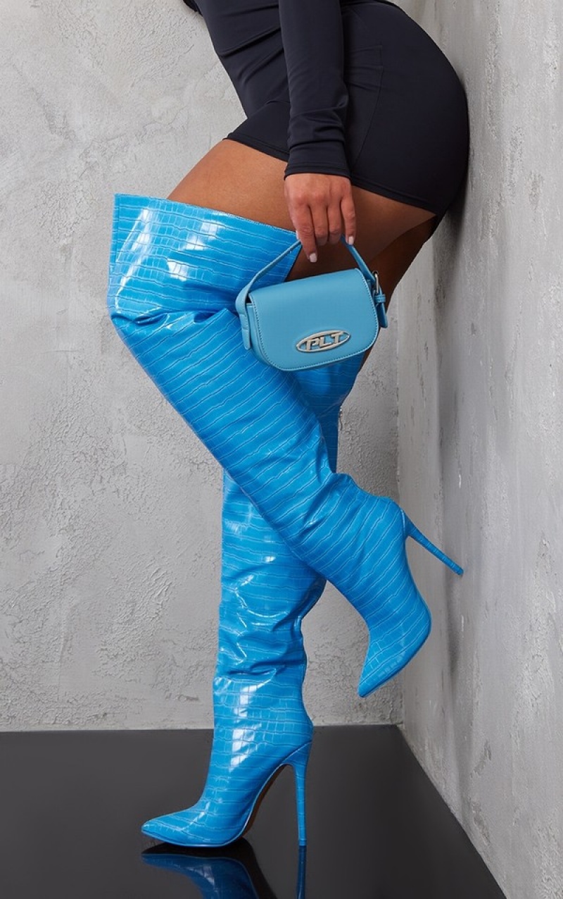 Cizme Pretty Little Thing Pu Croc Point Bombeu Thick Thigh Highed Albastri | JSPF76840