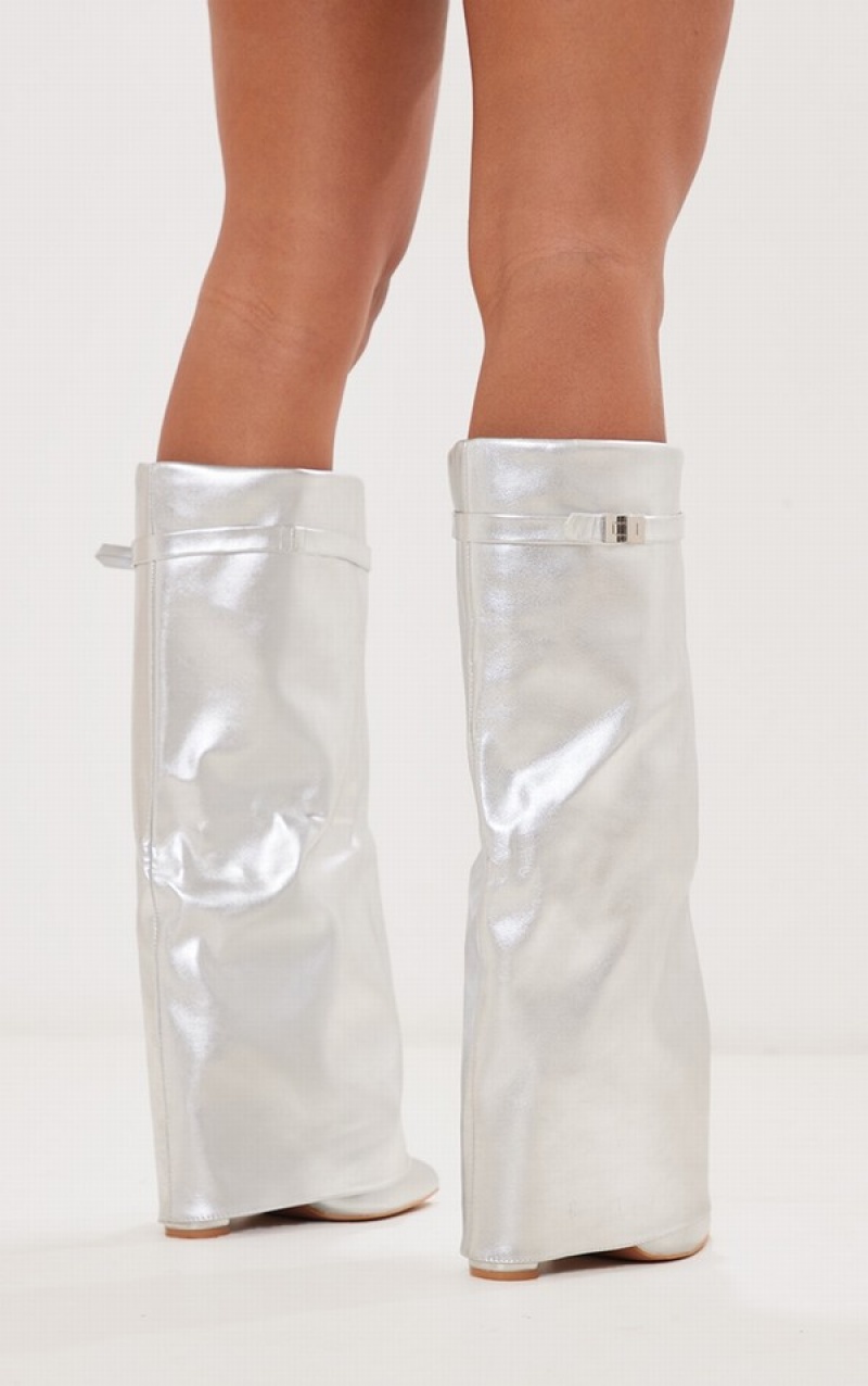 Cizme Pretty Little Thing Pu Matt Fold Over Knee Blocked Argintii | NYXH68074