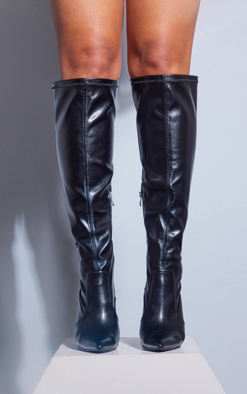 Cizme Pretty Little Thing Pu Point Bombeu Stiletto Over The Kneeed Negrii | UHWN79380
