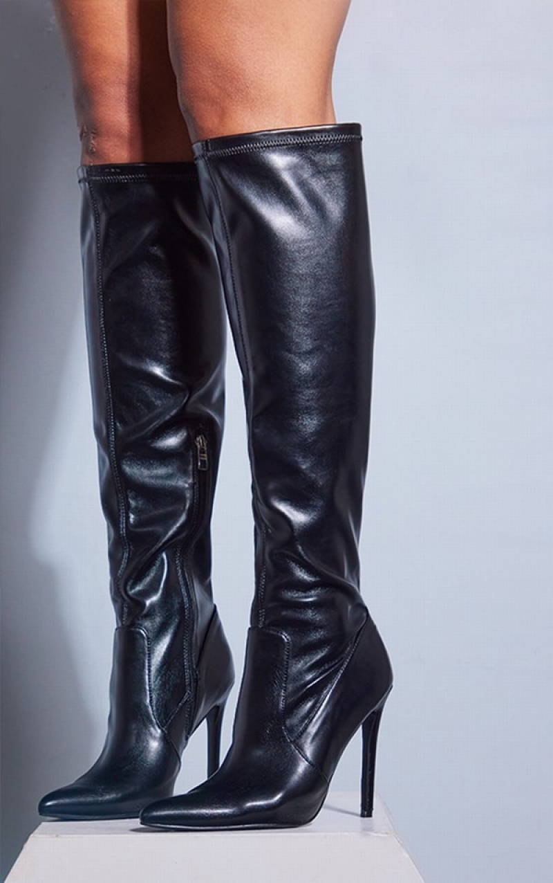Cizme Pretty Little Thing Pu Point Bombeu Stiletto Over The Kneeed Negrii | UHWN79380