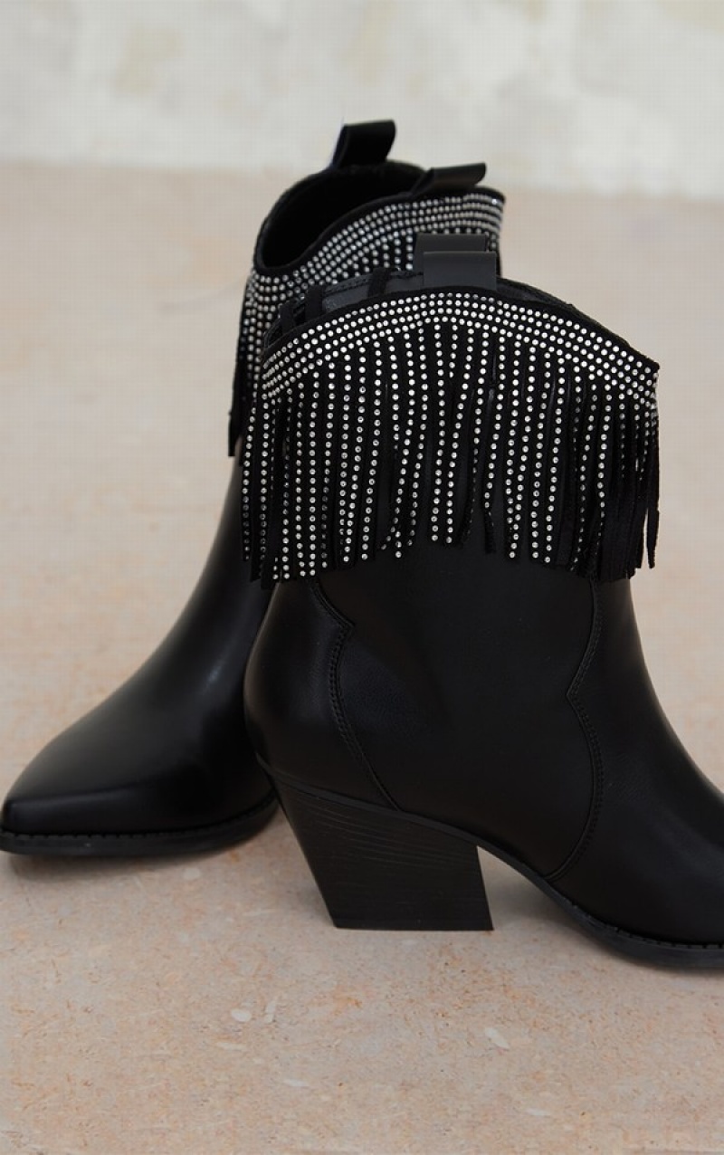 Cizme Pretty Little Thing Pu Western Fringe Hem Negrii | HPFT62147