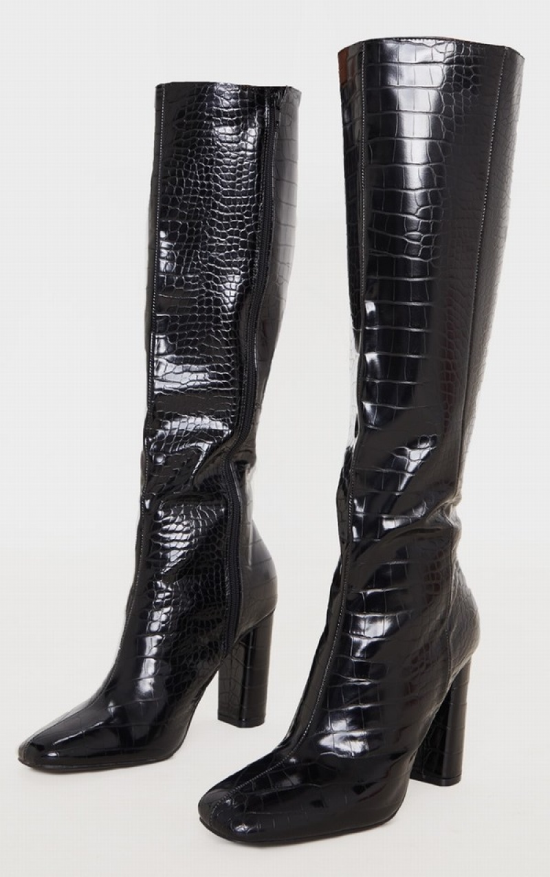 Cizme Pretty Little Thing Round Block Knee High Negrii | SYGO08241