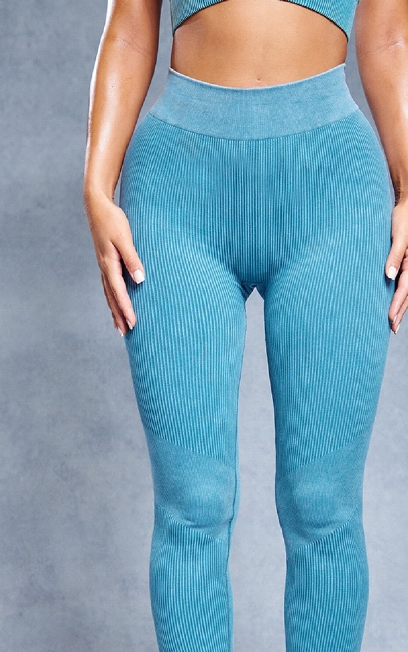 Colanti Pretty Little Thing Acid Wash Seamless Rib High Talie Gym Albastri Inchis | ASDI46513