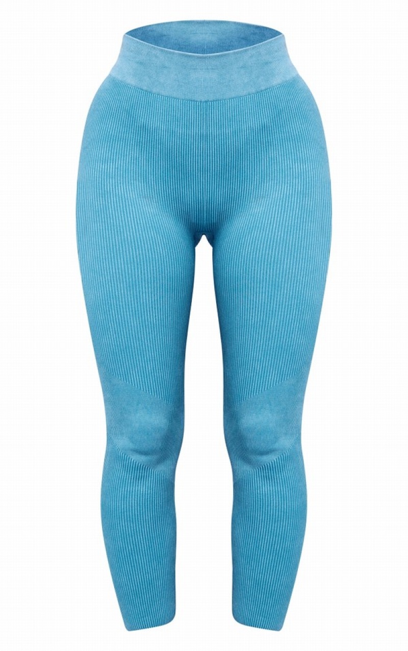 Colanti Pretty Little Thing Acid Wash Seamless Rib High Talie Gym Albastri Inchis | ASDI46513