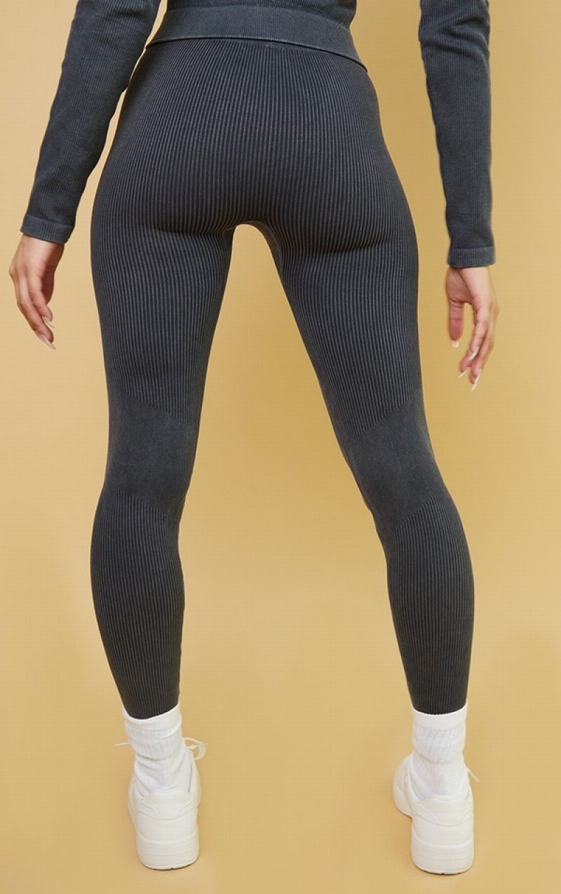 Colanti Pretty Little Thing Charcoal Acid Wash Rib Seamless High Talie Gym Gri | GEQS06514