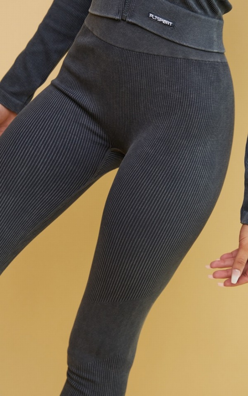 Colanti Pretty Little Thing Charcoal Acid Wash Rib Seamless High Talie Gym Gri | GEQS06514