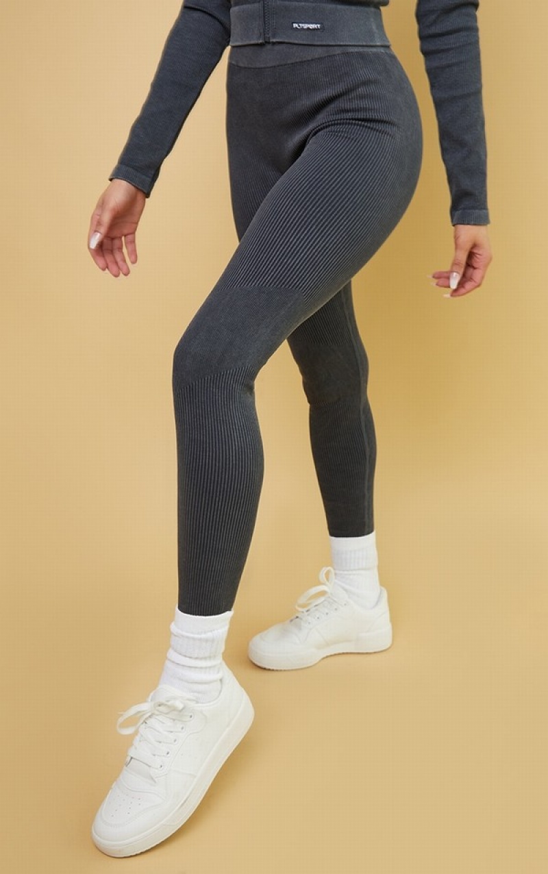 Colanti Pretty Little Thing Charcoal Acid Wash Rib Seamless High Talie Gym Gri | GEQS06514