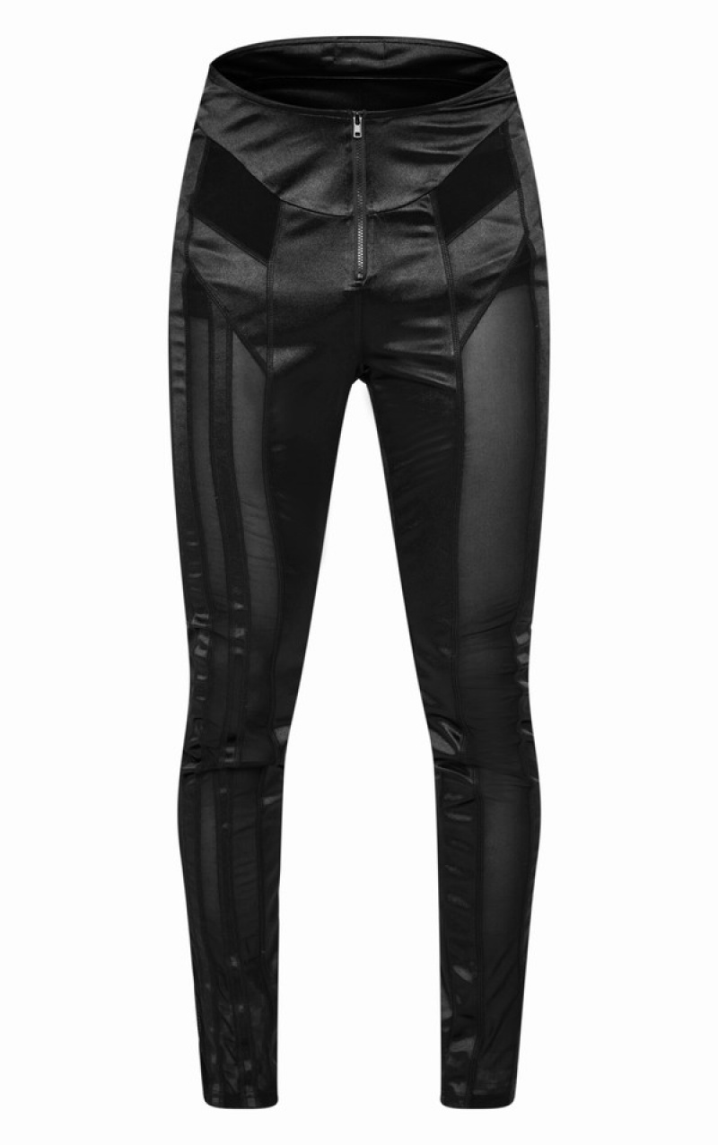 Colanti Pretty Little Thing Mesh Panel Curved Waistband Zip Front Negrii | HFIT74569