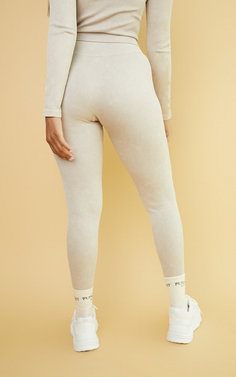 Colanti Pretty Little Thing Oatmeal Acid Wash Seamless Rib High Talie Gym Bej | QRJM03867