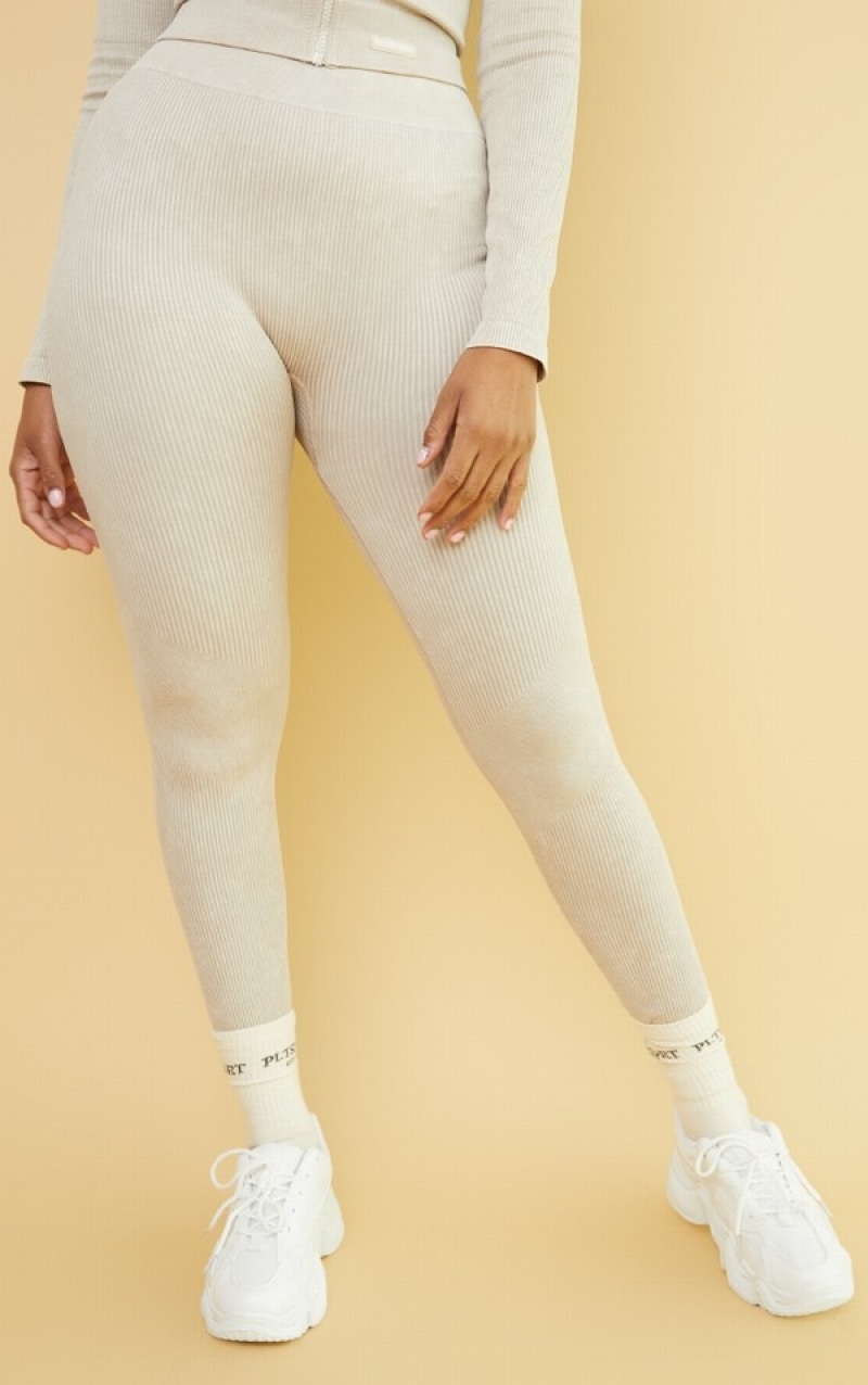 Colanti Pretty Little Thing Oatmeal Acid Wash Seamless Rib High Talie Gym Bej | QRJM03867