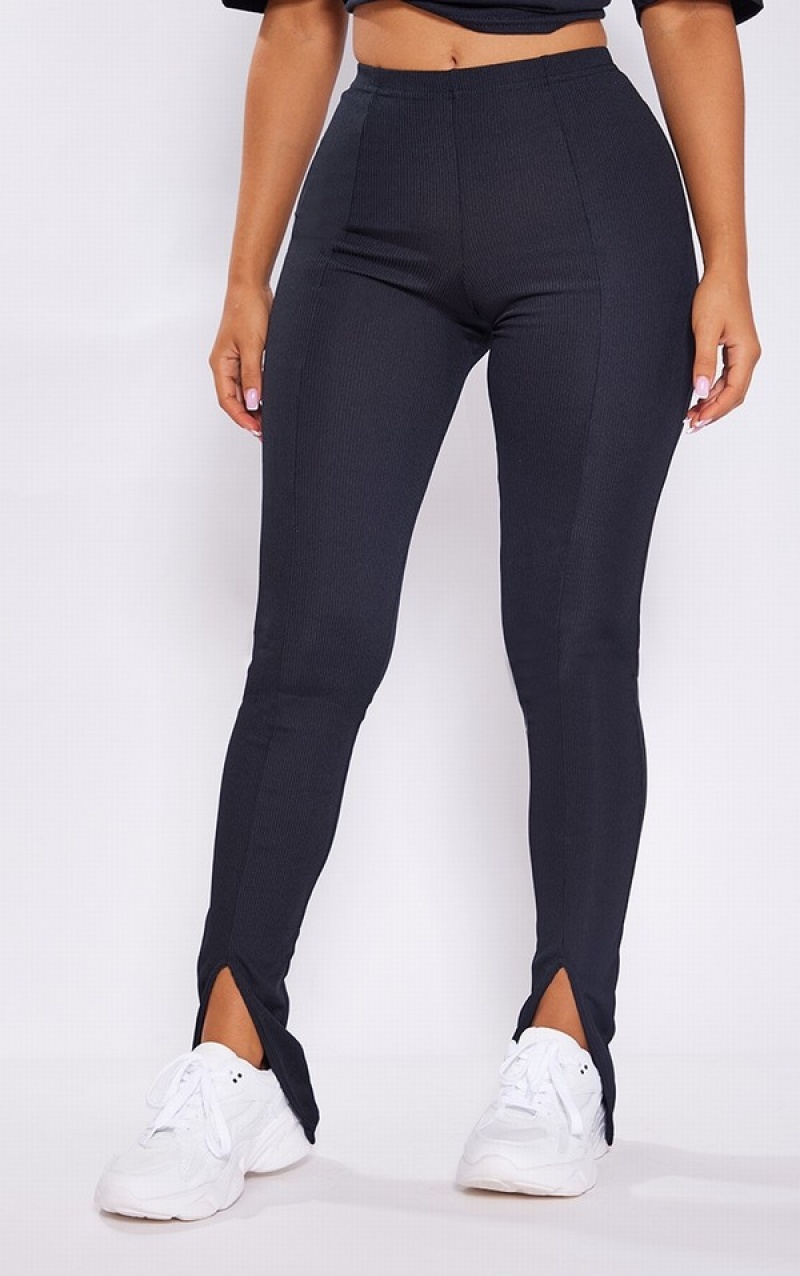 Colanti Pretty Little Thing Petite Cu Nervuri Split Front Negrii | DUNA58063