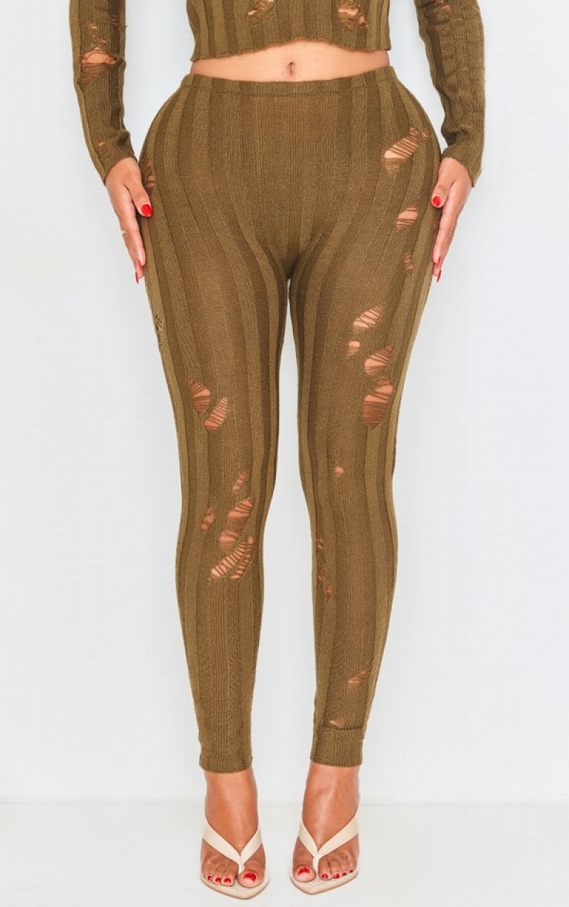 Colanti Pretty Little Thing Shape Distress Cu Nervuri Tricotate Kaki | QHMA71562