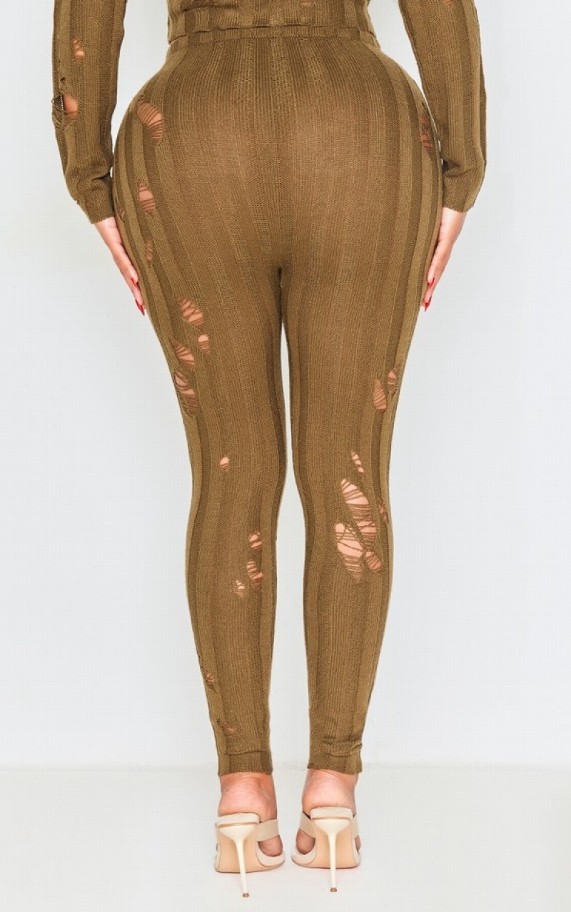 Colanti Pretty Little Thing Shape Distress Cu Nervuri Tricotate Kaki | QHMA71562