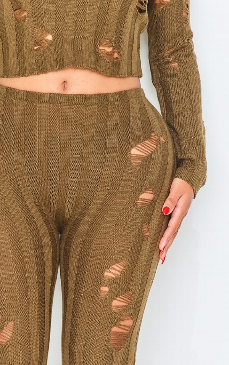 Colanti Pretty Little Thing Shape Distress Cu Nervuri Tricotate Kaki | QHMA71562