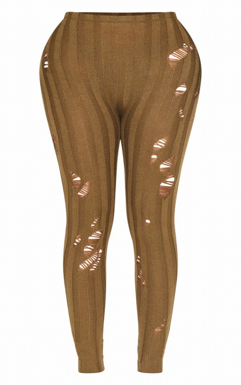 Colanti Pretty Little Thing Shape Distress Cu Nervuri Tricotate Kaki | QHMA71562