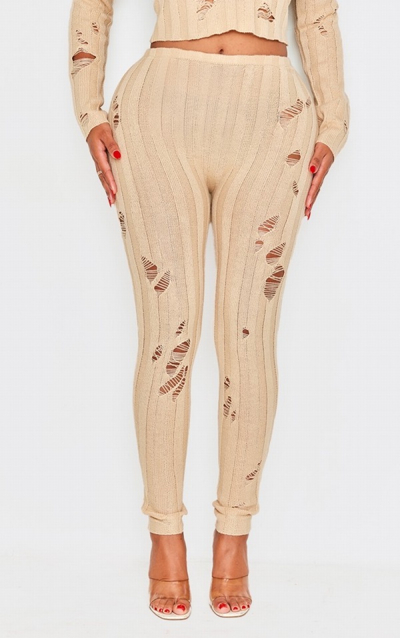 Colanti Pretty Little Thing Shape Oatmeal Distress Cu Nervuri Tricotate Bej | BRKH35986
