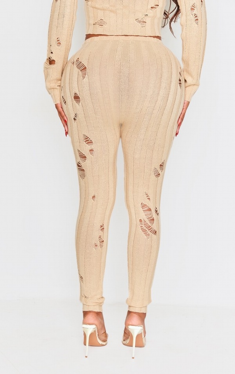 Colanti Pretty Little Thing Shape Oatmeal Distress Cu Nervuri Tricotate Bej | BRKH35986