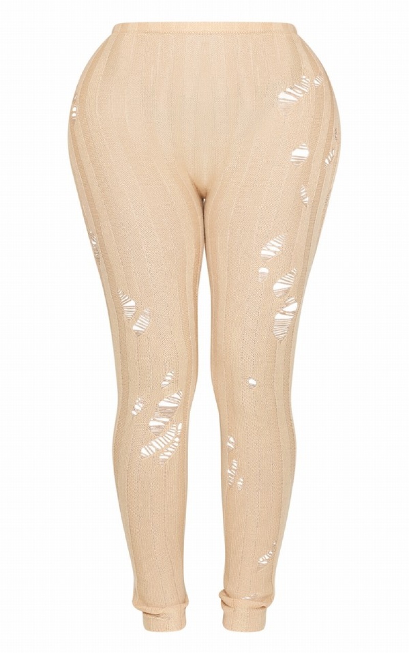 Colanti Pretty Little Thing Shape Oatmeal Distress Cu Nervuri Tricotate Bej | BRKH35986