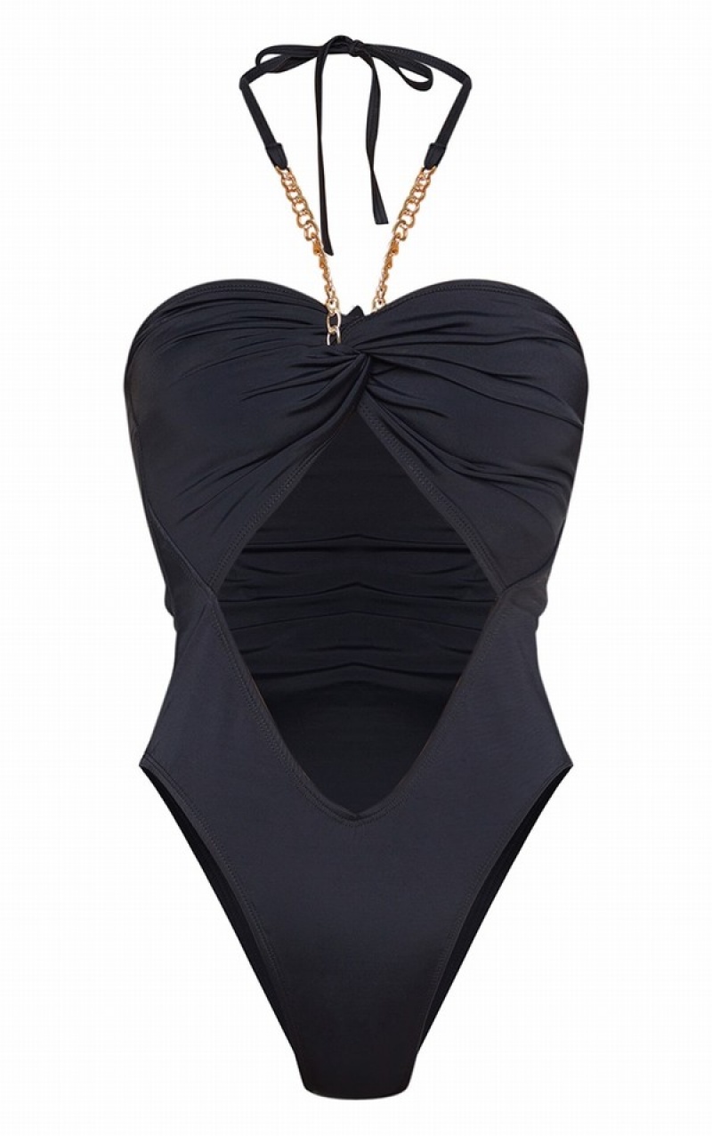 Costume De Baie Pretty Little Thing Bandeau Neck Chain Cut Out Negrii | FVEO74106