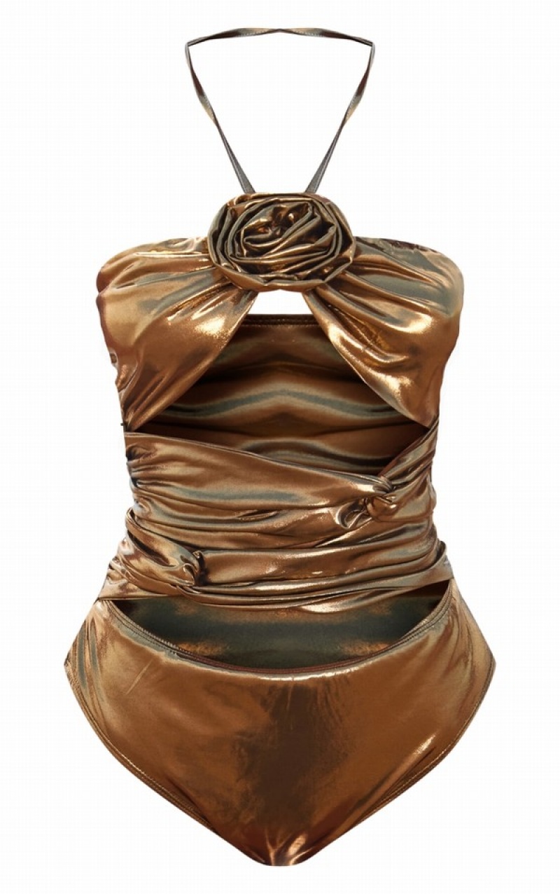 Costume De Baie Pretty Little Thing Bronze Metallic Flower Detail Maro | BFXO87091