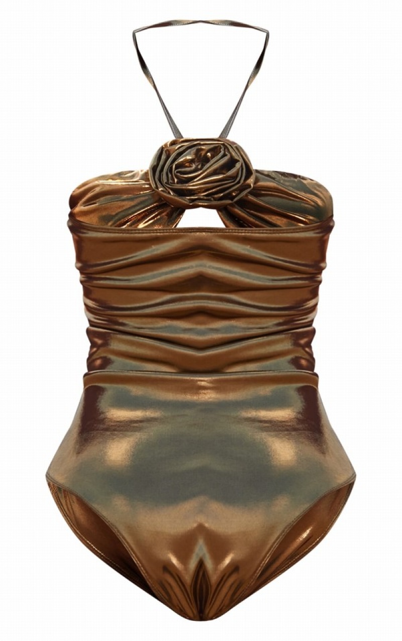 Costume De Baie Pretty Little Thing Bronze Metallic Flower Detail Maro | BFXO87091