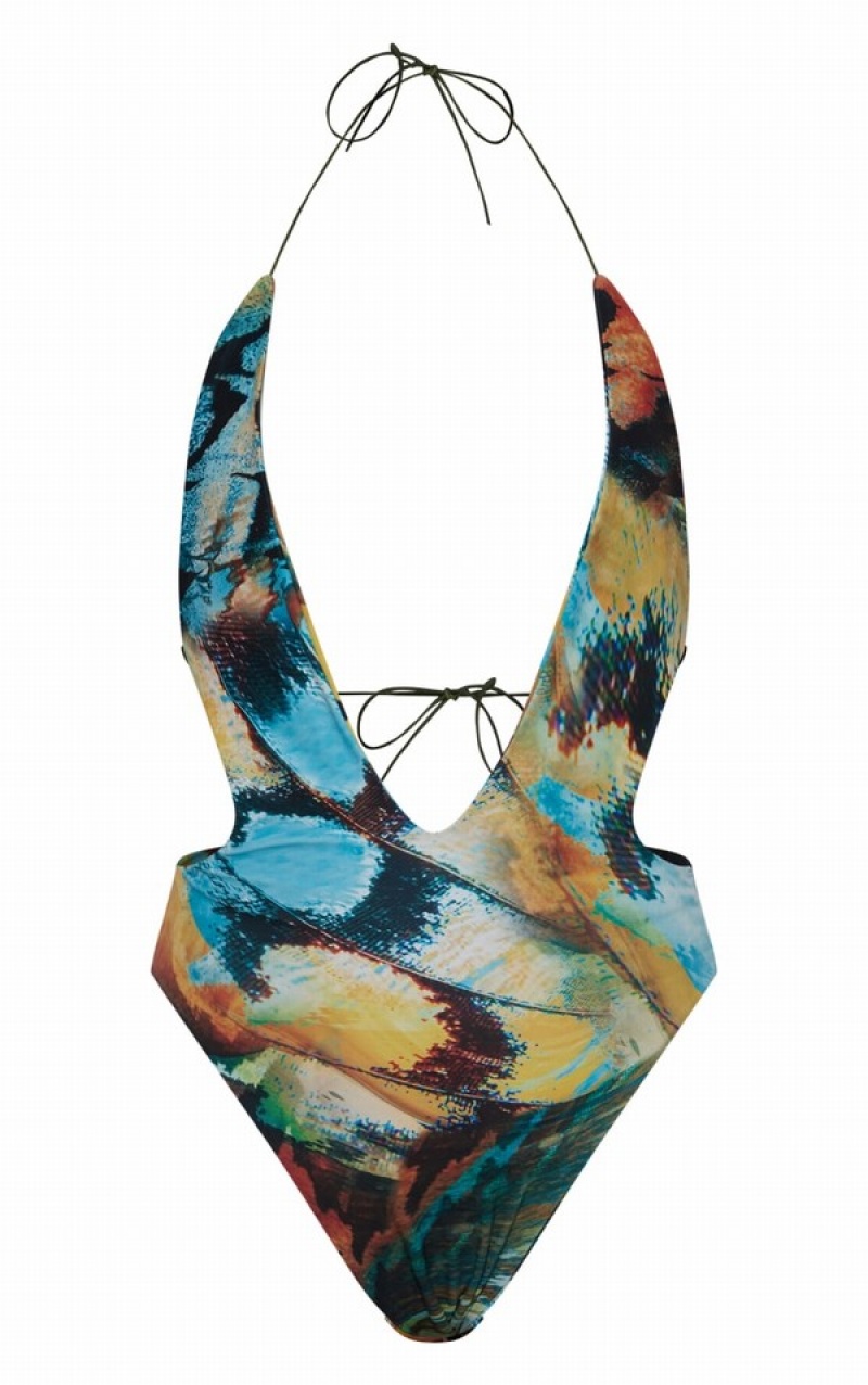 Costume De Baie Pretty Little Thing Butterfly Print Cut Out Albastri | ZLYN63084