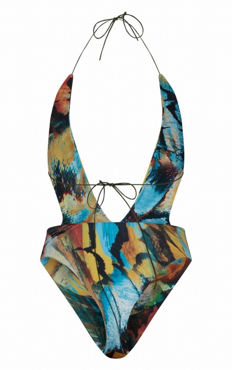 Costume De Baie Pretty Little Thing Butterfly Print Cut Out Albastri | ZLYN63084