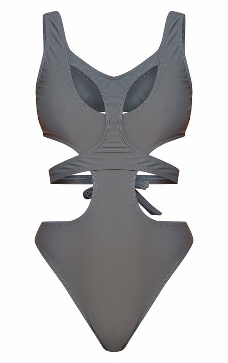 Costume De Baie Pretty Little Thing Charcoal Double Layer Cut Out Gri | WJSM75901