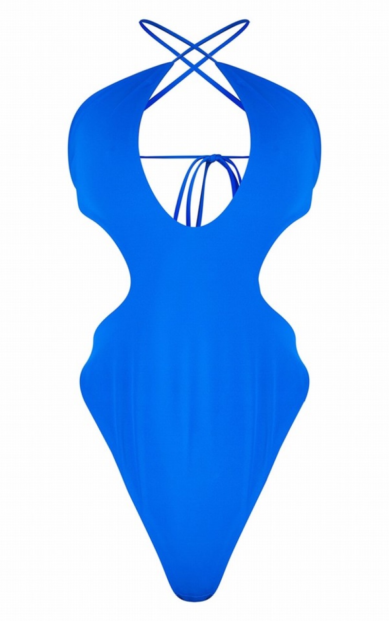 Costume De Baie Pretty Little Thing Cobalt Cut Out Multiway Wrap Talie Plunge Albastri Inchis | XWAS19873