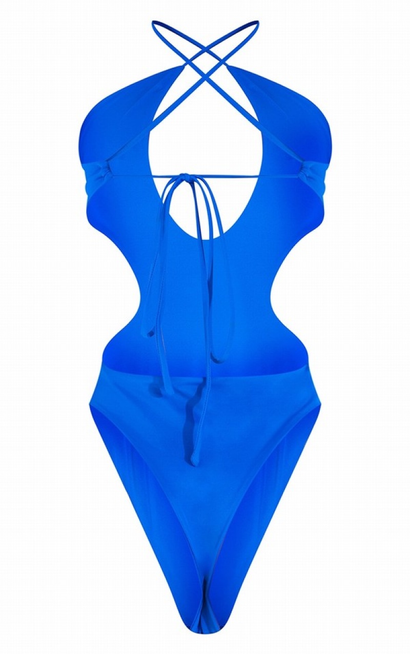 Costume De Baie Pretty Little Thing Cobalt Cut Out Multiway Wrap Talie Plunge Albastri Inchis | XWAS19873